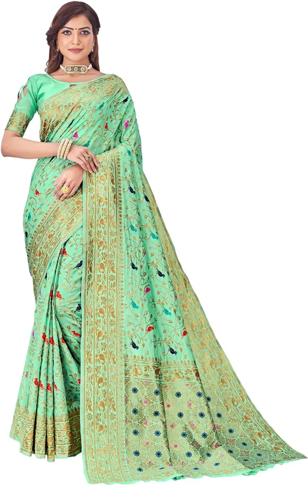 Light_Green_Banarasi_Silk_Blend_Jacquard_Kalamkari_Woven_Saree_For_Women_|_With_Blouse_Piece