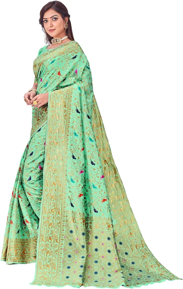 Light_Green_Banarasi_Silk_Blend_Jacquard_Kalamkari_Woven_Saree_For_Women_|_With_Blouse_Piece