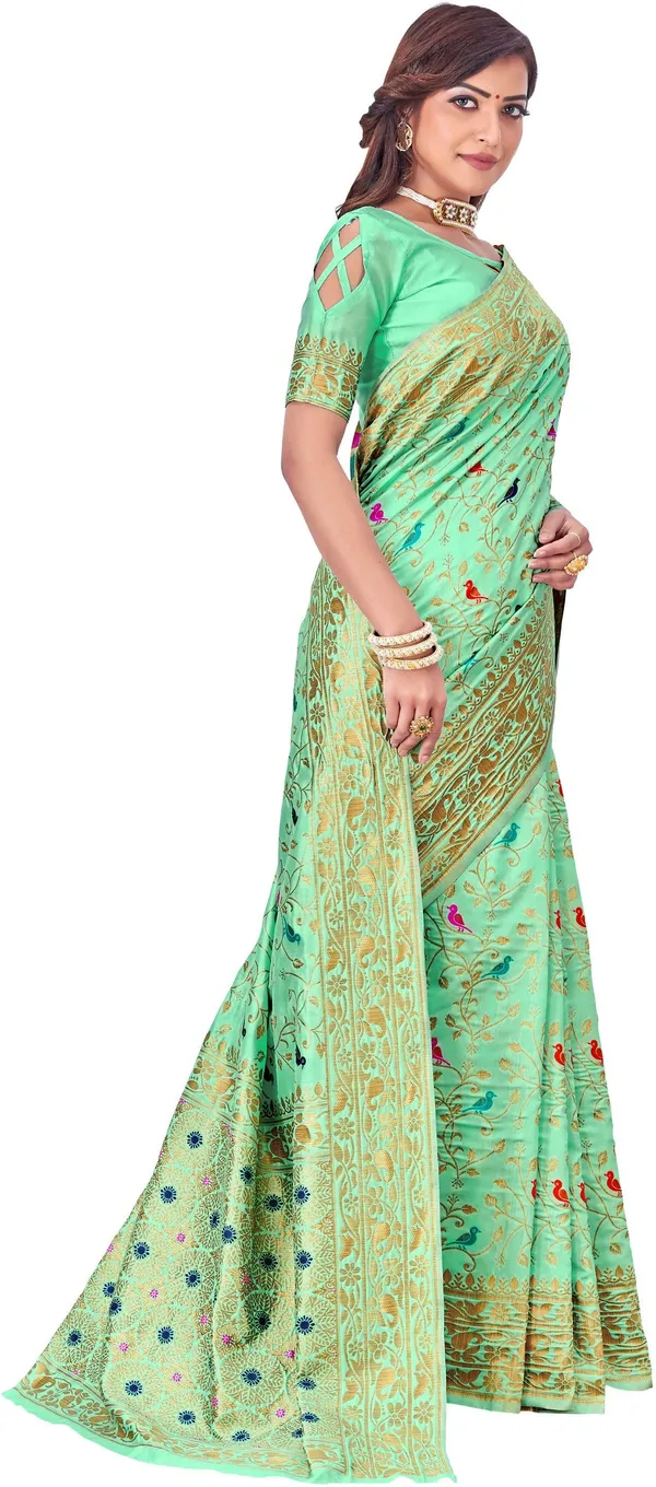 Light_Green_Banarasi_Silk_Blend_Jacquard_Kalamkari_Woven_Saree_For_Women_|_With_Blouse_Piece