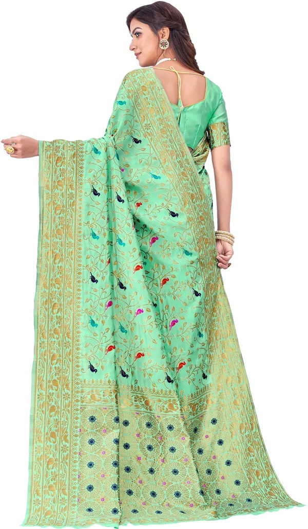 Light_Green_Banarasi_Silk_Blend_Jacquard_Kalamkari_Woven_Saree_For_Women_|_With_Blouse_Piece