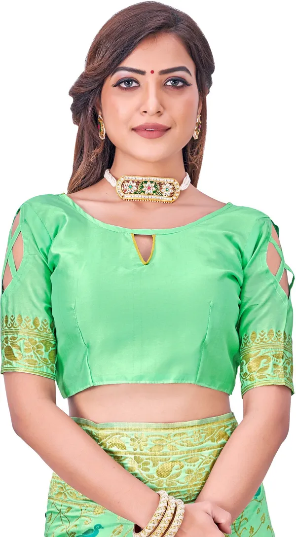 Light_Green_Banarasi_Silk_Blend_Jacquard_Kalamkari_Woven_Saree_For_Women_|_With_Blouse_Piece