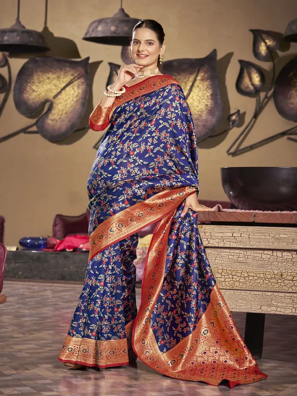 Dark_Blue_Banarasi_Silk_Meenakari_Floral_Jaal_Saree_For_Women_|_With_Blouse_Piece