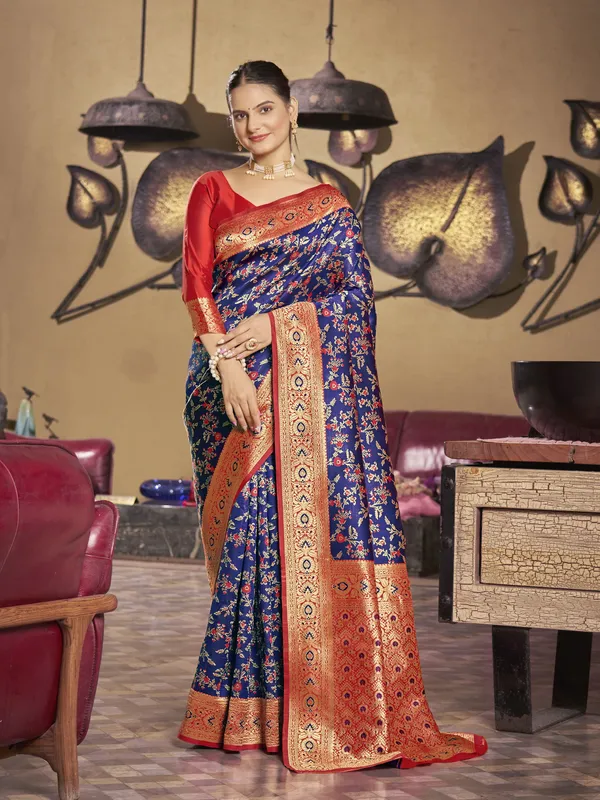 Dark_Blue_Banarasi_Silk_Meenakari_Floral_Jaal_Saree_For_Women_|_With_Blouse_Piece