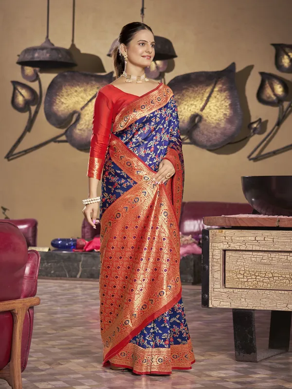 Dark_Blue_Banarasi_Silk_Meenakari_Floral_Jaal_Saree_For_Women_|_With_Blouse_Piece