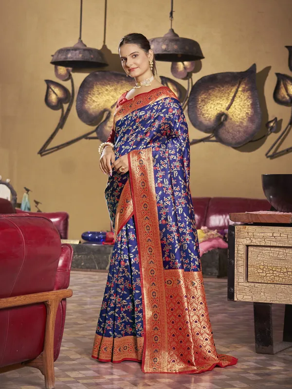 Dark_Blue_Banarasi_Silk_Meenakari_Floral_Jaal_Saree_For_Women_|_With_Blouse_Piece