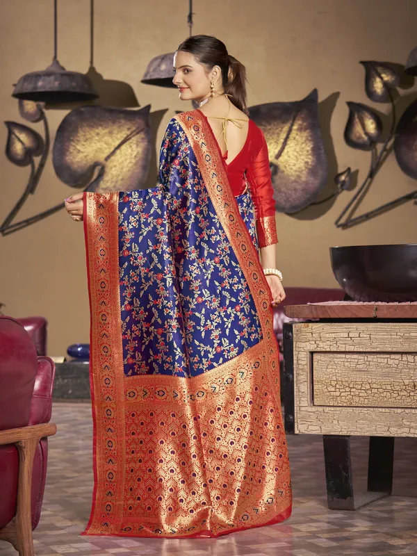 Dark_Blue_Banarasi_Silk_Meenakari_Floral_Jaal_Saree_For_Women_|_With_Blouse_Piece