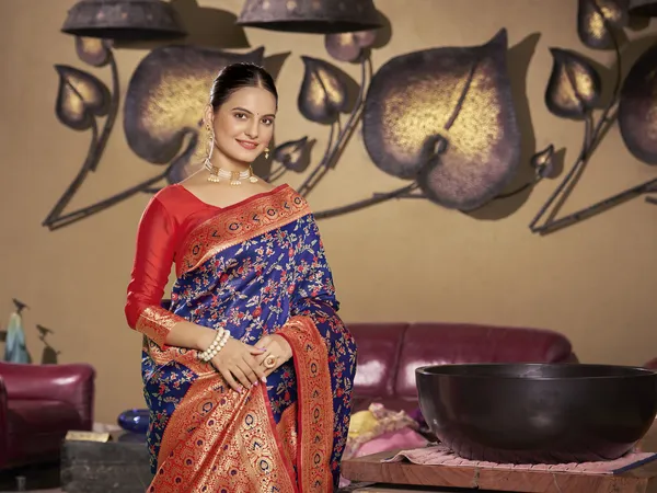 Dark_Blue_Banarasi_Silk_Meenakari_Floral_Jaal_Saree_For_Women_|_With_Blouse_Piece