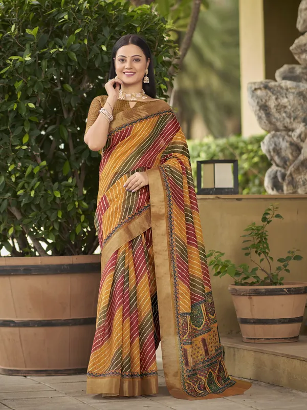Mustard_Cotton_Silk_Leheriya_Mothra_Print_Saree_For_Women_|_With_Blouse_Piece