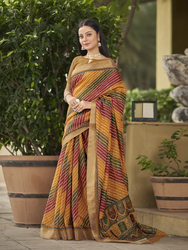 Mustard_Cotton_Silk_Leheriya_Mothra_Print_Saree_For_Women_|_With_Blouse_Piece