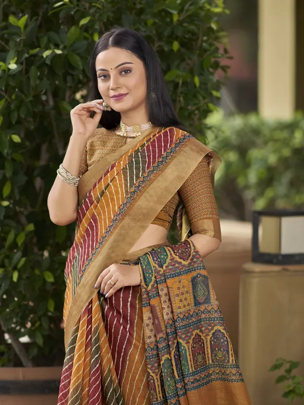 Mustard_Cotton_Silk_Leheriya_Mothra_Print_Saree_For_Women_|_With_Blouse_Piece