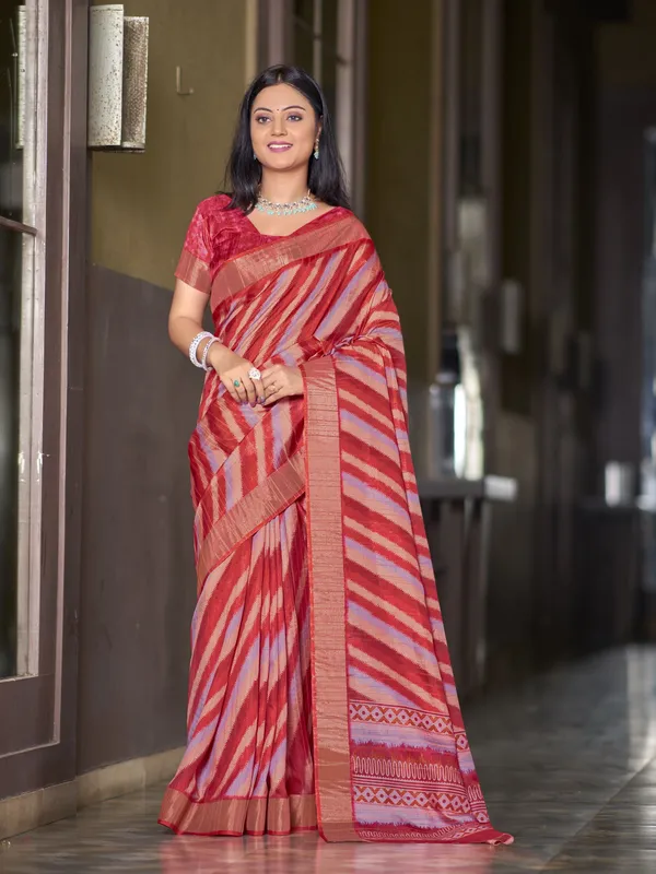 Red_Tussar_Silk_Digital_Print_Leheriya_Zari_Border_Saree_For_Women_|_With_Blouse_Piece