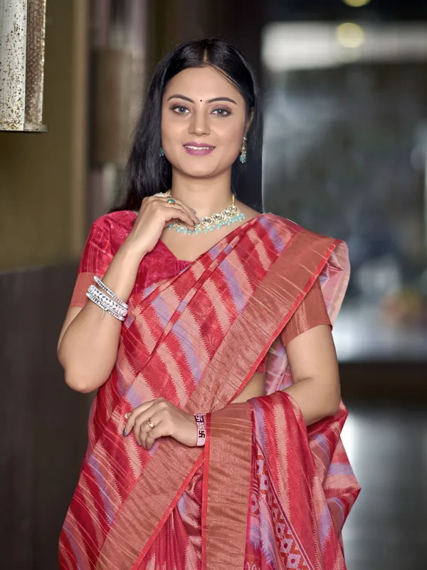 Red_Tussar_Silk_Digital_Print_Leheriya_Zari_Border_Saree_For_Women_|_With_Blouse_Piece