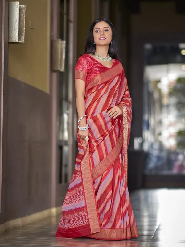 Red_Tussar_Silk_Digital_Print_Leheriya_Zari_Border_Saree_For_Women_|_With_Blouse_Piece