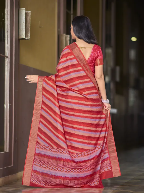 Red_Tussar_Silk_Digital_Print_Leheriya_Zari_Border_Saree_For_Women_|_With_Blouse_Piece
