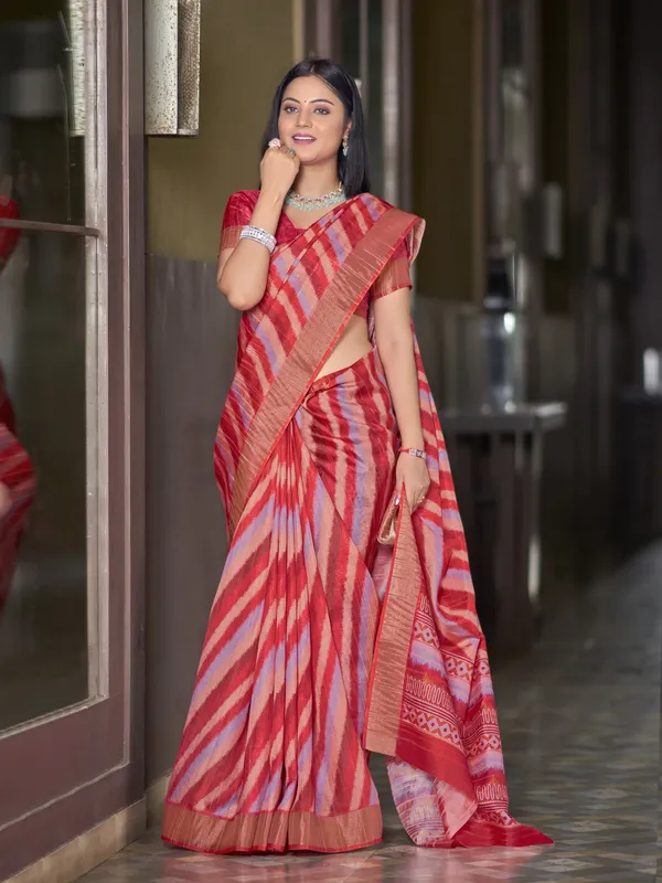 Red_Tussar_Silk_Digital_Print_Leheriya_Zari_Border_Saree_For_Women_|_With_Blouse_Piece