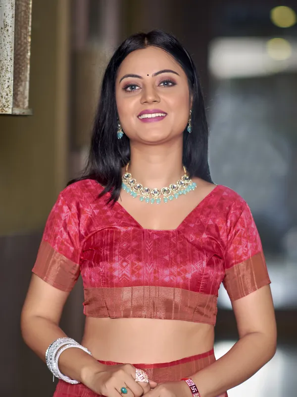 Red_Tussar_Silk_Digital_Print_Leheriya_Zari_Border_Saree_For_Women_|_With_Blouse_Piece