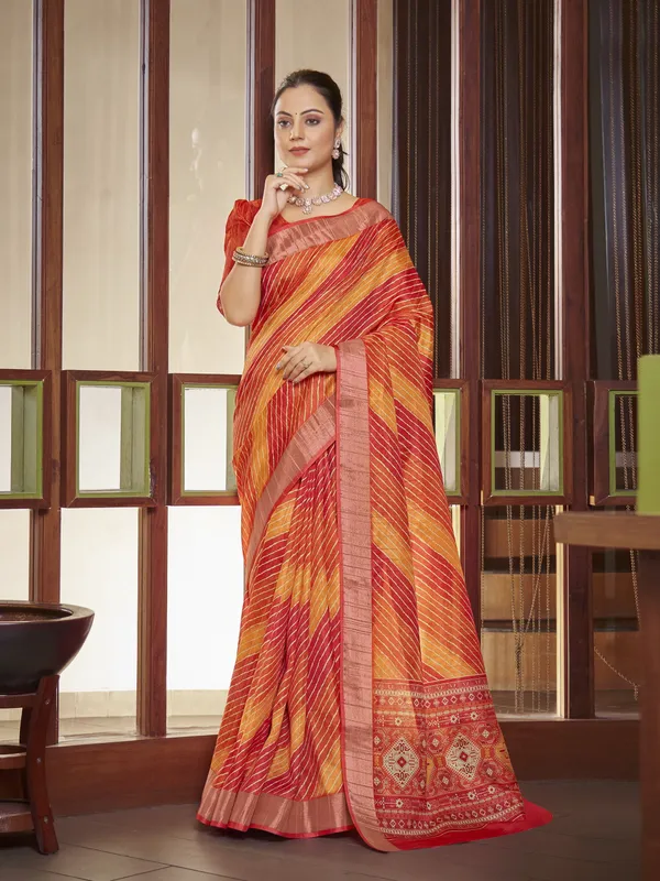 Orange_Red_Tussar_Silk_Leheriya_Mothra_Print_Saree_For_Women_|_With_Blouse_Piece