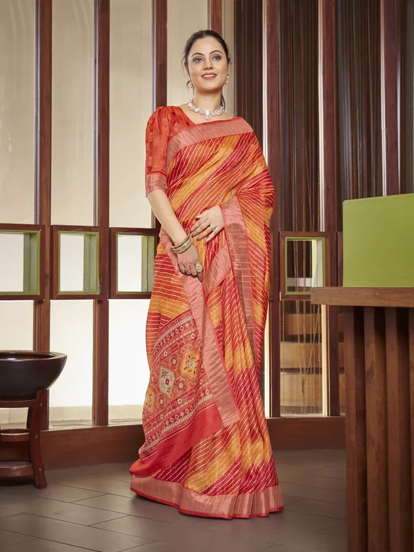 Orange_Red_Tussar_Silk_Leheriya_Mothra_Print_Saree_For_Women_|_With_Blouse_Piece