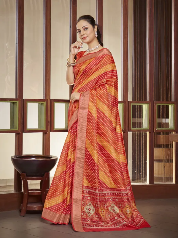 Orange_Red_Tussar_Silk_Leheriya_Mothra_Print_Saree_For_Women_|_With_Blouse_Piece