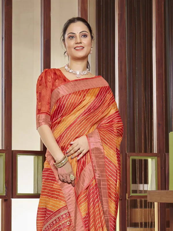 Orange_Red_Tussar_Silk_Leheriya_Mothra_Print_Saree_For_Women_|_With_Blouse_Piece