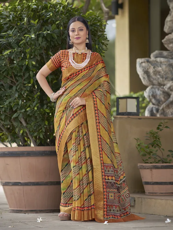 Yellow_Cotton_Silk_Leheriya_Mothra_Printed_Saree_For_Women_|_With_Blouse_Piece