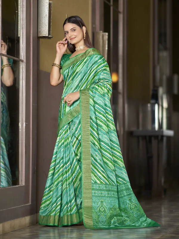Green_Tussar_Silk_Digital_Print_Leheriya_Zari_Border_Saree_For_Women_|_With_Blouse_Piece