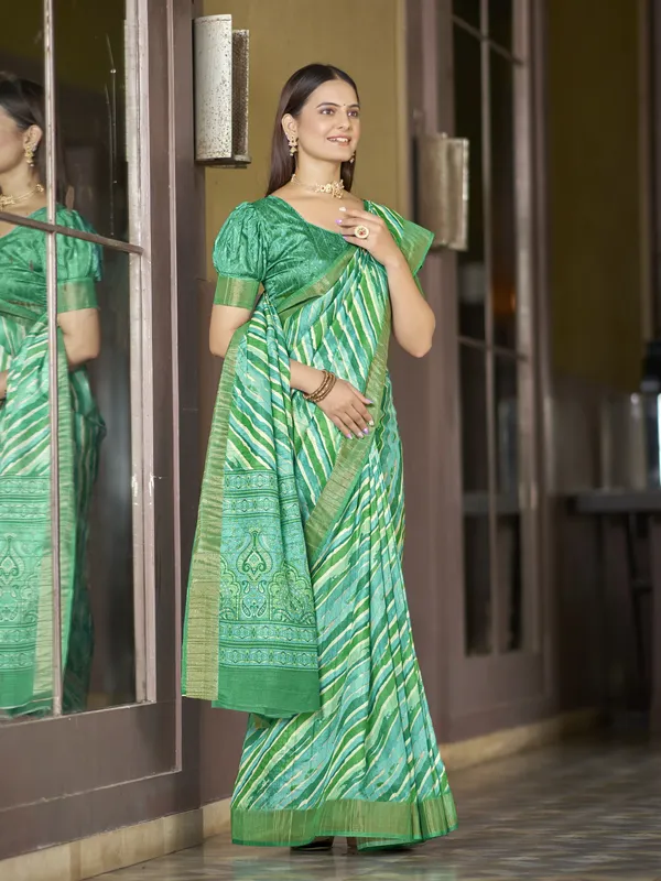 Green_Tussar_Silk_Digital_Print_Leheriya_Zari_Border_Saree_For_Women_|_With_Blouse_Piece
