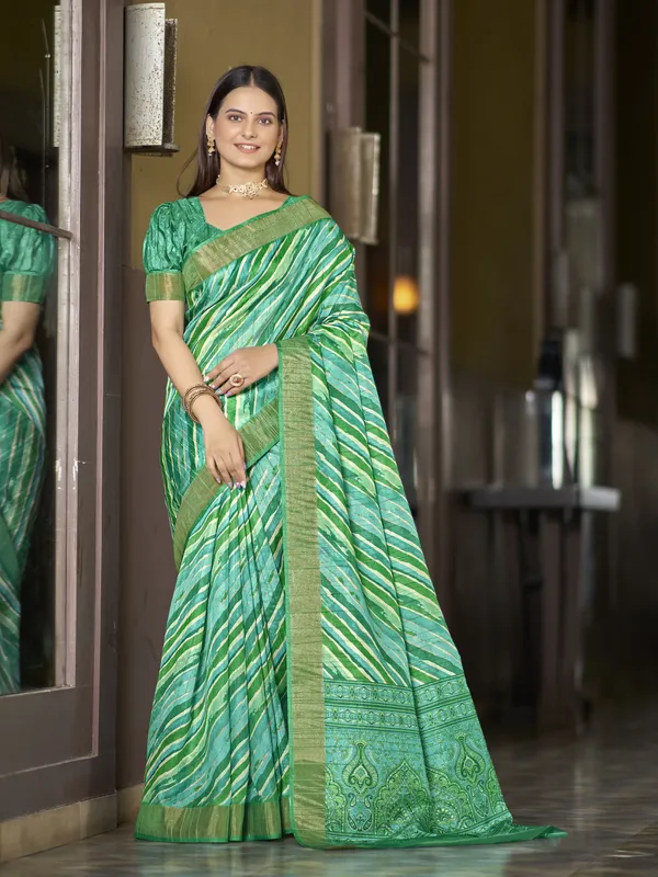 Green_Tussar_Silk_Digital_Print_Leheriya_Zari_Border_Saree_For_Women_|_With_Blouse_Piece
