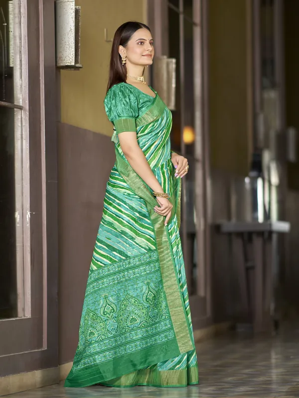 Green_Tussar_Silk_Digital_Print_Leheriya_Zari_Border_Saree_For_Women_|_With_Blouse_Piece