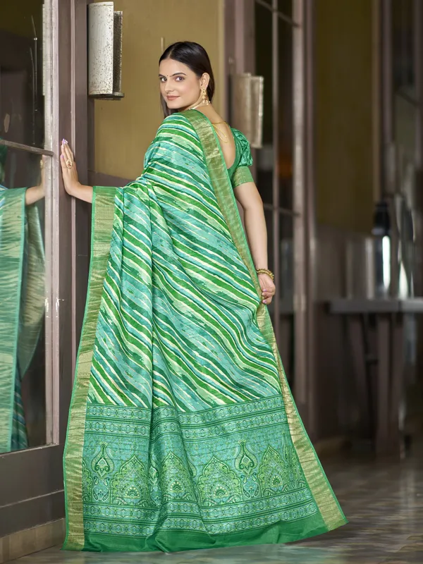 Green_Tussar_Silk_Digital_Print_Leheriya_Zari_Border_Saree_For_Women_|_With_Blouse_Piece