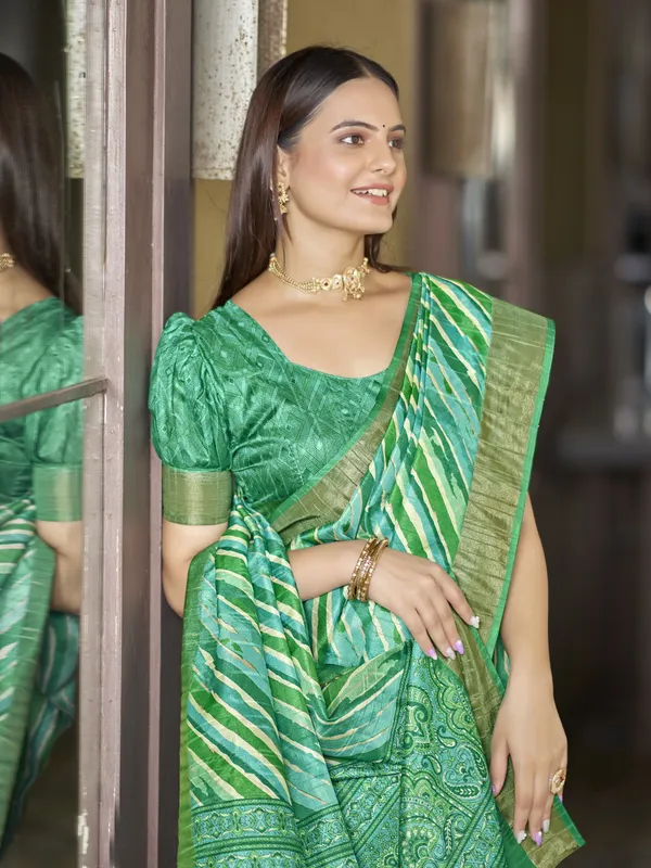 Green_Tussar_Silk_Digital_Print_Leheriya_Zari_Border_Saree_For_Women_|_With_Blouse_Piece