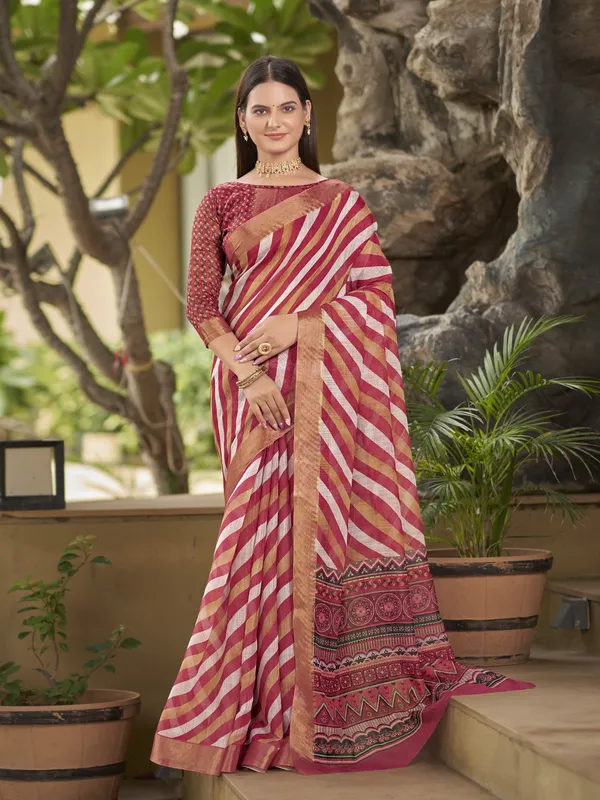 Red_Cotton_Silk_Printed_Leheriya_Mothra_Saree_For_Women_|_With_Blouse_Piece