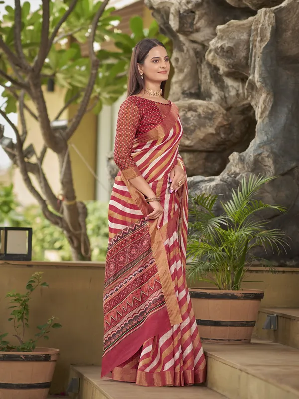 Red_Cotton_Silk_Printed_Leheriya_Mothra_Saree_For_Women_|_With_Blouse_Piece