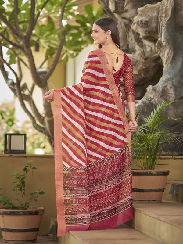 Red_Cotton_Silk_Printed_Leheriya_Mothra_Saree_For_Women_|_With_Blouse_Piece