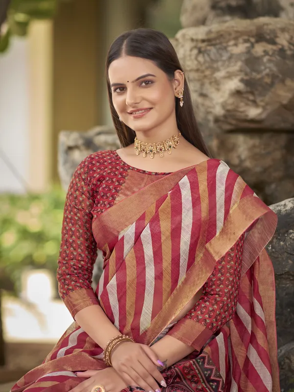 Red_Cotton_Silk_Printed_Leheriya_Mothra_Saree_For_Women_|_With_Blouse_Piece