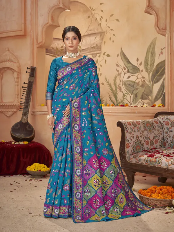 Light_Blue_Silk_Blend_Banarasi_Jacquard_Saree_For_Women_|_With_Blouse_Piece