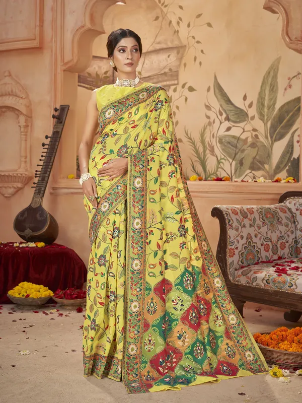 Yellow_Georgette_Banarasi_Jacquard_Meenakari_Woven_Saree_For_Women_|_With_Blouse_Piece