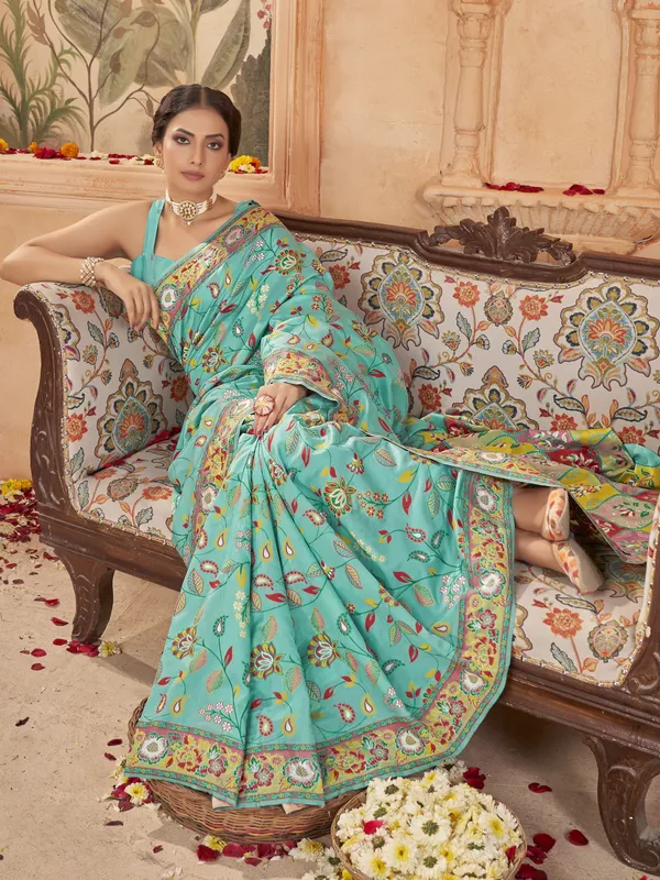 Light_Green_Georgette_Jacquard_Meenakari_Woven_Saree_For_Women_|_With_Blouse_Piece