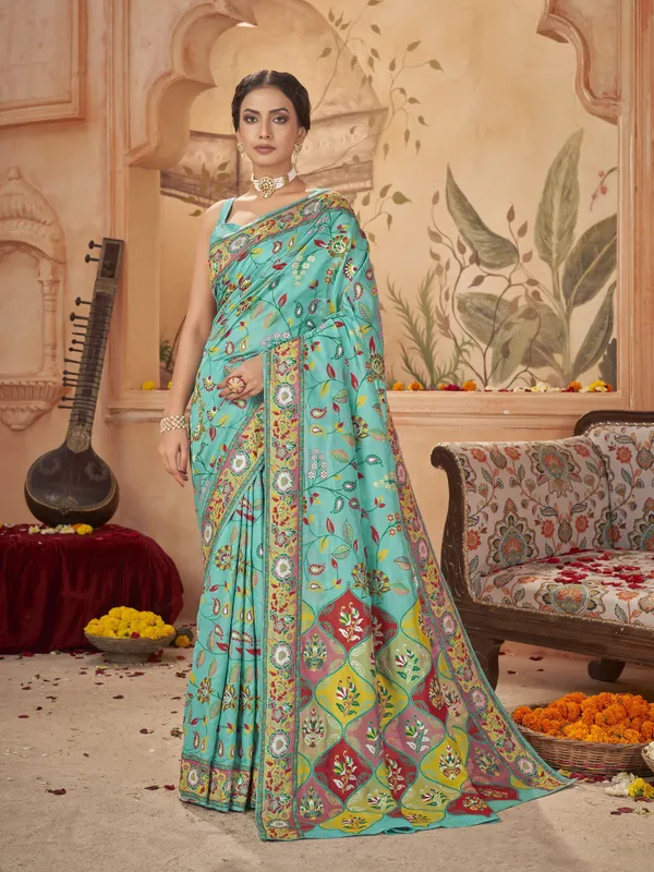 Light_Green_Georgette_Jacquard_Meenakari_Woven_Saree_For_Women_|_With_Blouse_Piece