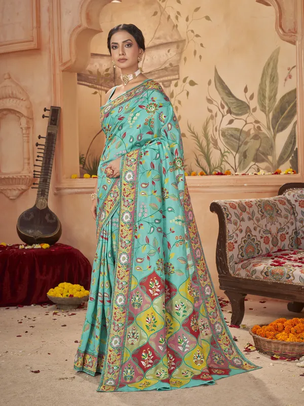 Light_Green_Georgette_Jacquard_Meenakari_Woven_Saree_For_Women_|_With_Blouse_Piece
