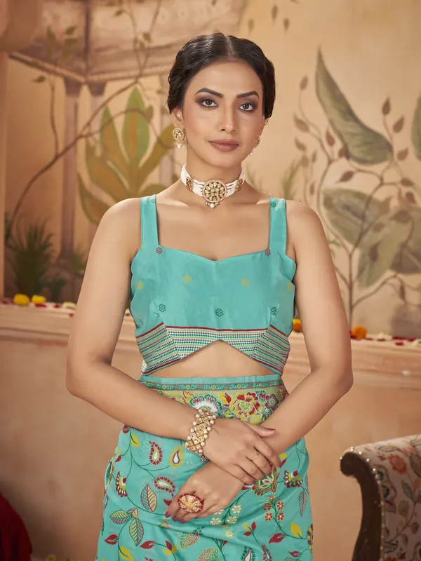 Light_Green_Georgette_Jacquard_Meenakari_Woven_Saree_For_Women_|_With_Blouse_Piece