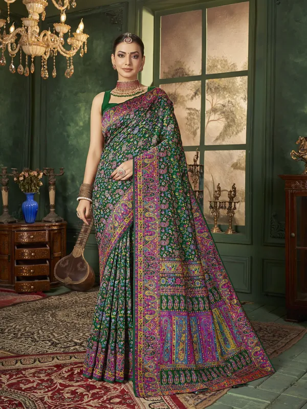 Green_Banarasi_Silk_Blend_Jacquard_Meenakari_Woven_Saree_For_Women_|_With_Blouse_Piece