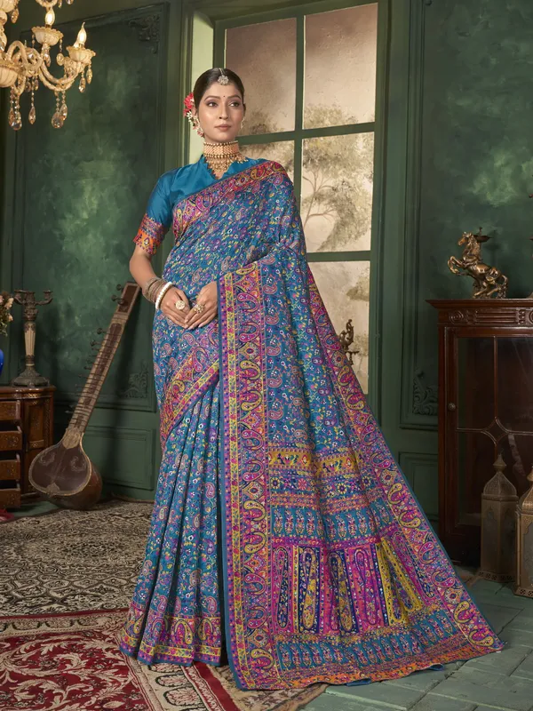 Light_Blue_Banarasi_Silk_Jacquard_Meenakari_Jaal_Woven_Saree_For_Women_|_With_Blouse_Piece