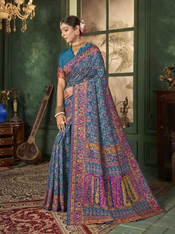 Light_Blue_Banarasi_Silk_Jacquard_Meenakari_Jaal_Woven_Saree_For_Women_|_With_Blouse_Piece