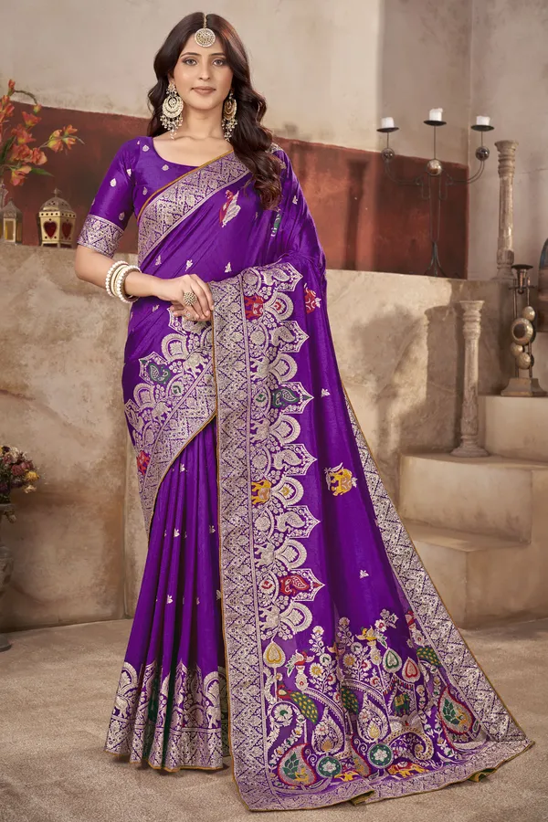 Wine_Pure_Silk_Banarasi_Woven_Elephant_Peacock_Motif_Saree_For_Women_|_With_Blouse_Piece