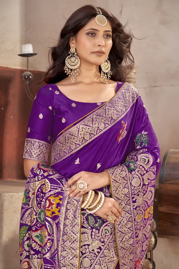 Wine_Pure_Silk_Banarasi_Woven_Elephant_Peacock_Motif_Saree_For_Women_|_With_Blouse_Piece