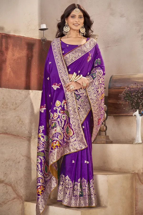 Wine_Pure_Silk_Banarasi_Woven_Elephant_Peacock_Motif_Saree_For_Women_|_With_Blouse_Piece
