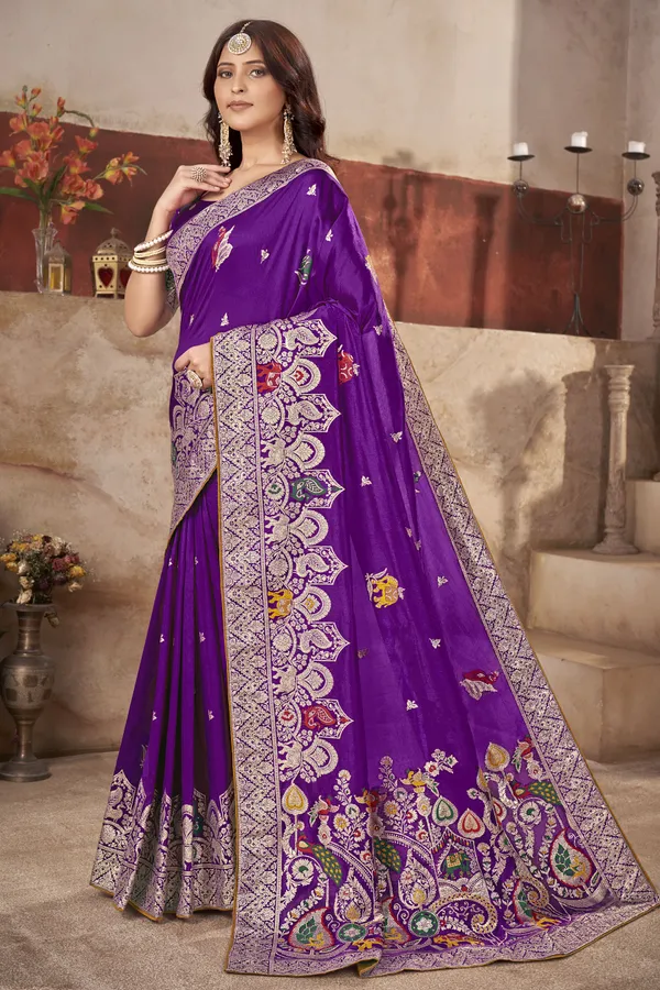 Wine_Pure_Silk_Banarasi_Woven_Elephant_Peacock_Motif_Saree_For_Women_|_With_Blouse_Piece