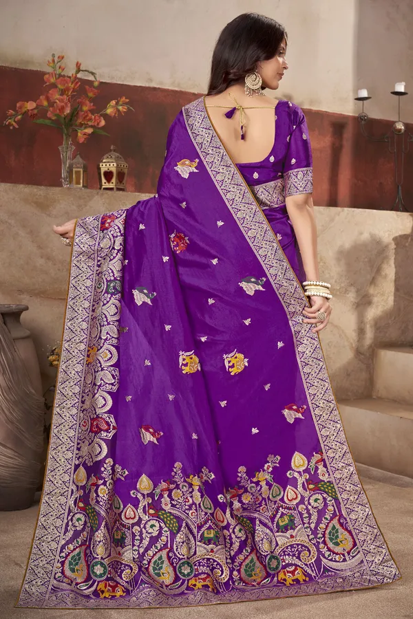 Wine_Pure_Silk_Banarasi_Woven_Elephant_Peacock_Motif_Saree_For_Women_|_With_Blouse_Piece