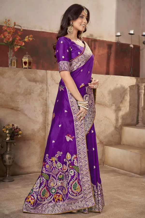 Wine_Pure_Silk_Banarasi_Woven_Elephant_Peacock_Motif_Saree_For_Women_|_With_Blouse_Piece